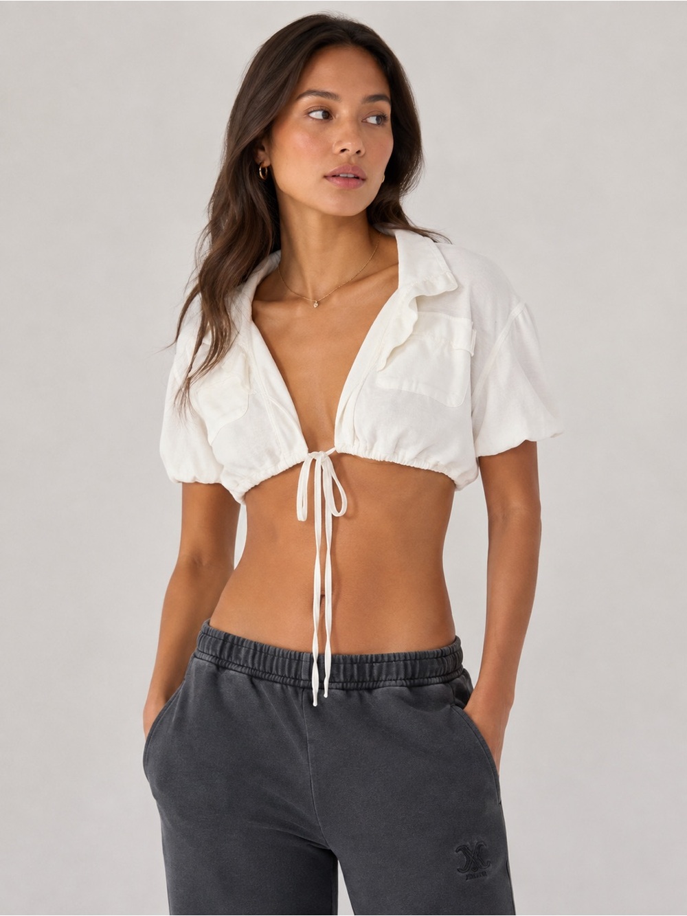 We The Free White Cropped Tie-Front Button Top
